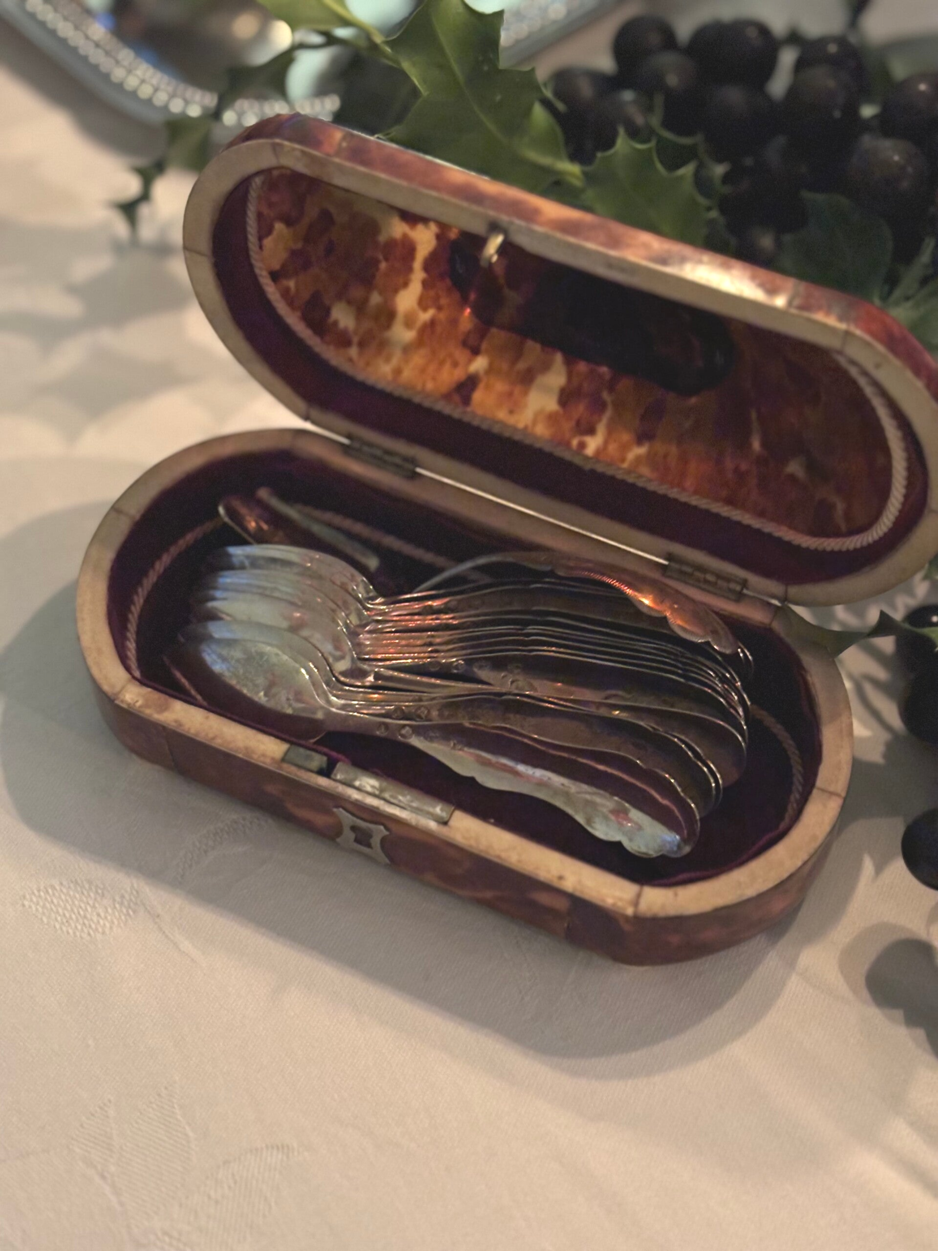 Zeldzaam ovaal schildpad lepeldoosje met 13 zilveren theelepels & 1 theeschep (Jaarletter 1878) - Rare oval tortoiseshell spoon case with 13 silver teaspoons & 1 tea scoop (date letter 1878)