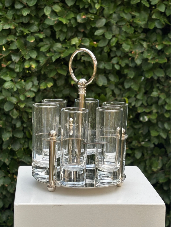 Prachtige verzilverde aperitiefglazenhouder & 6 glazen - Beautiful silver-plated aperitif glass holder & 6 glasses