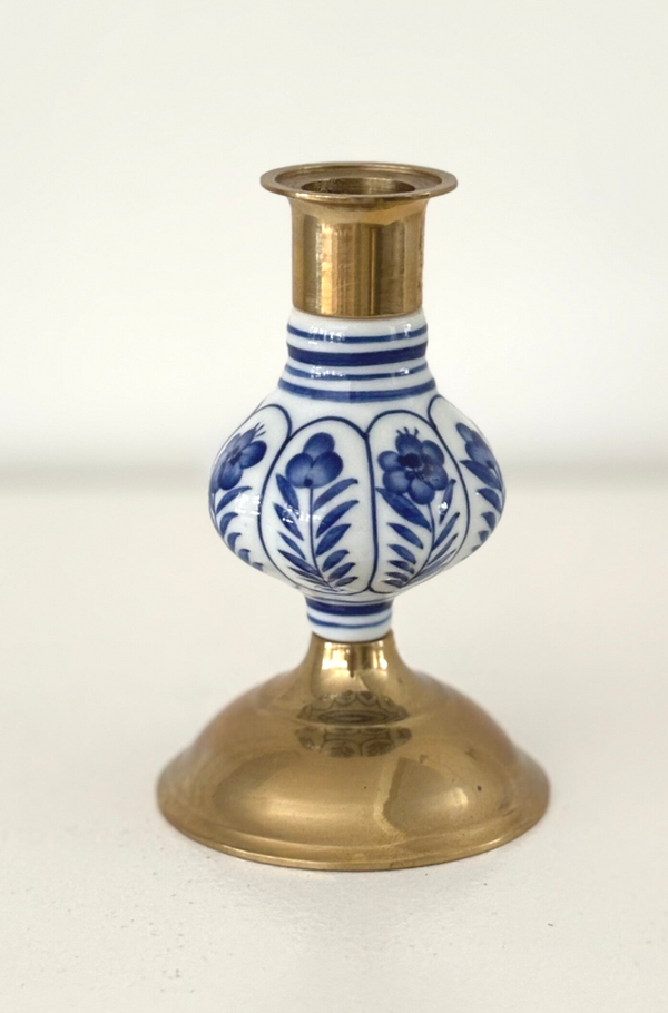 Vintage kandelaar van messing en keramiek - Vintage candlestick made of brass and ceramic