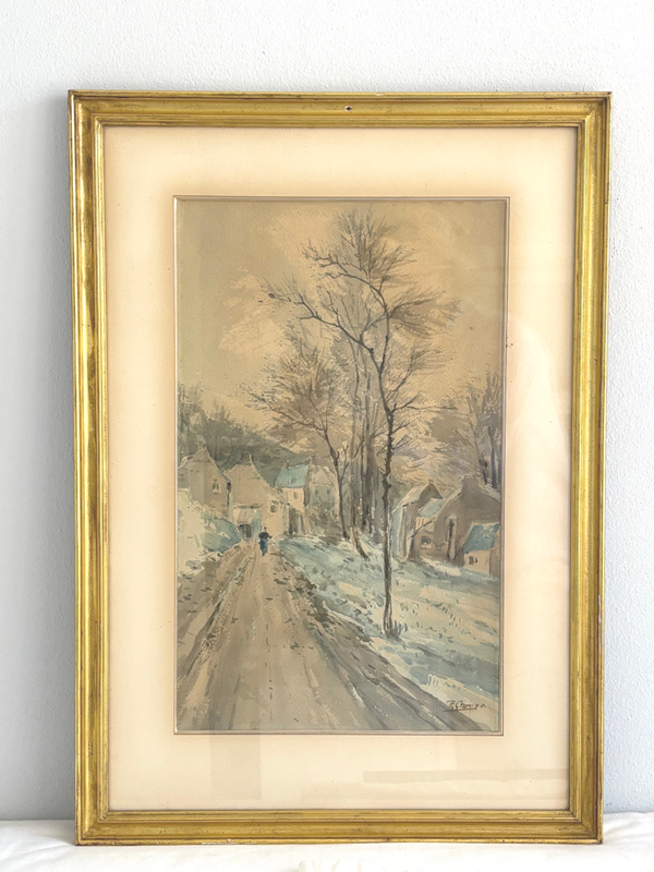 Sfeervolle aquarel met een verstild winterlandschap - Atmospheric watercolour depicting a tranquil winter landscape