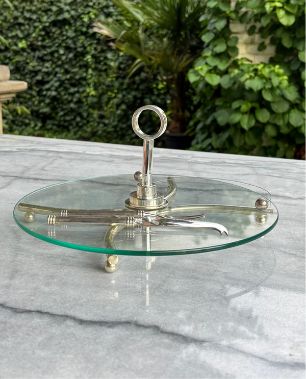 Verzilverd en glazen kaasplateau & bestek - Silver-plated and glass cheese platter & cutlery