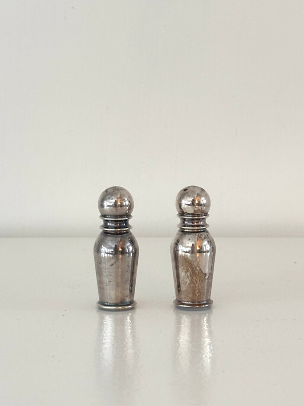 Een verfijnd verzilverd peper- en zoutstel - A refined silver-plated salt and pepper set