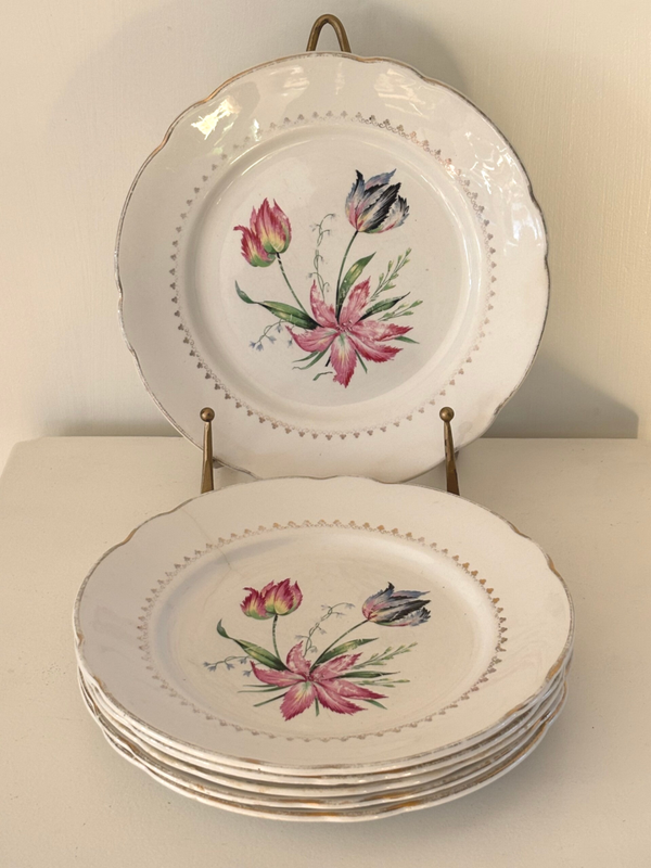 6 Borden met tulpendecor van Luneville Badonviller France - 6 Plates with tulip decor by Luneville Badonviller France