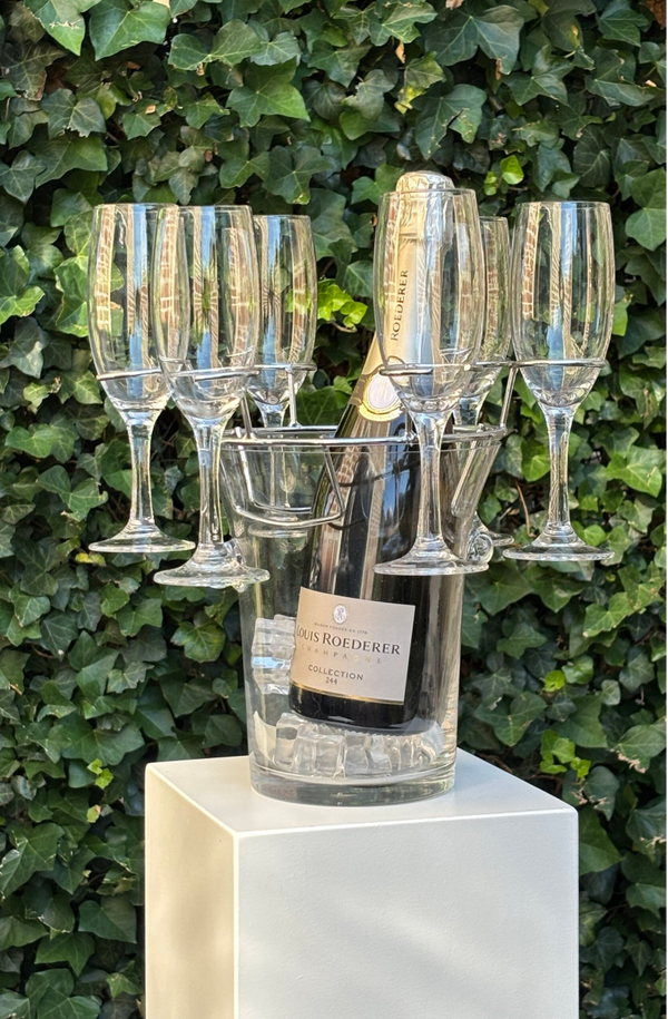 Prachtige glazen Champagnekoeler & 6 Champagneflûtes - Beautiful glass Champagnekoeler & 6 Champagne flutes