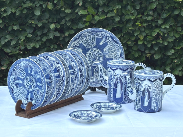 Prachtige 12-delige antieke porseleinen Lange Lijs ontbijtset - Beautiful antique 12-piece Lange Lijs porcelain breakfast set