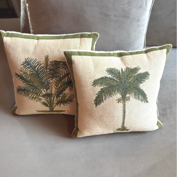 2 Kussens met een stijlvol palmenmotief - 2 Vintage cushions featuring an elegant palm motif