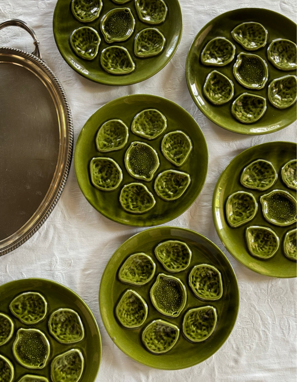 6 Diepgroene oesterborden van Niderviller Faïence - 6 Deep green oyster plates by Niderviller Faïence