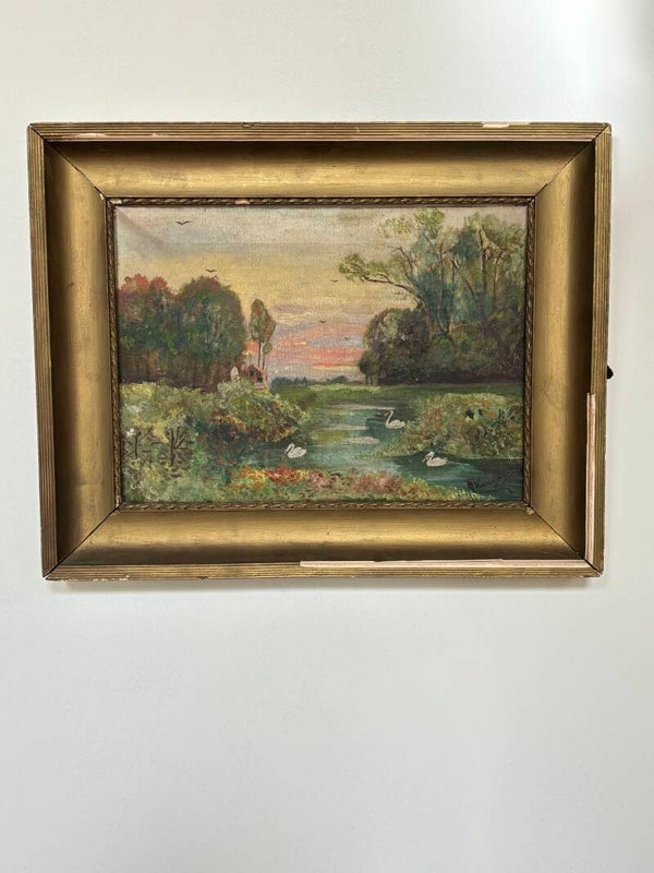 Antiek olieverfschilderij 'zwanen' - Antique oil painting 'swans'