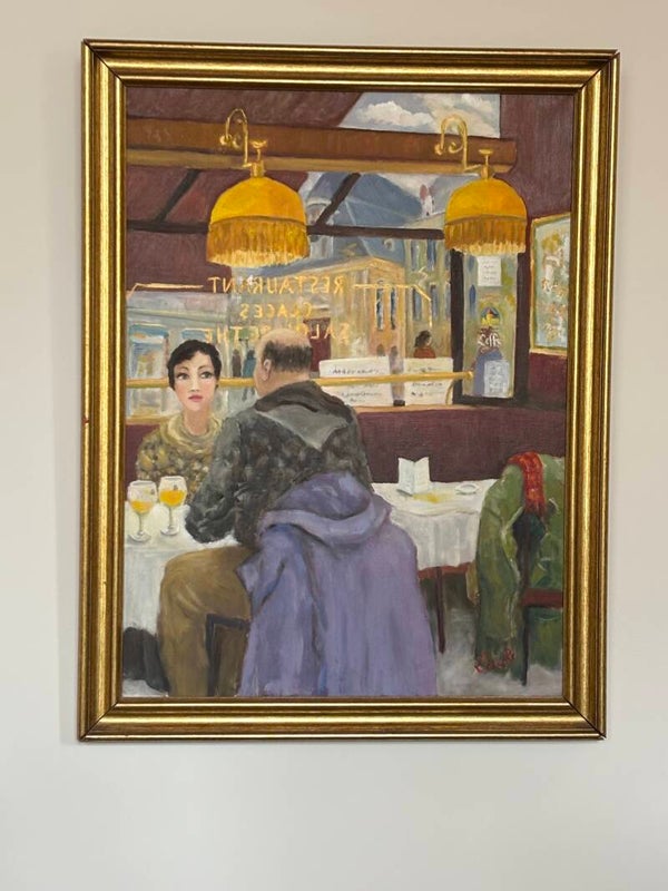 Frans schilderij met sfeervolle caféscène Montmartre Parijs - French painting depicting a charming café scene Montmartre, Paris