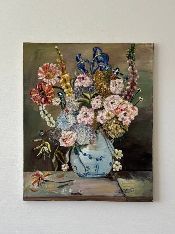 Schilderij op doek met een rijk en kleurrijk bloemstilleven - Painting on canvas depicting a richly coloured floral still life