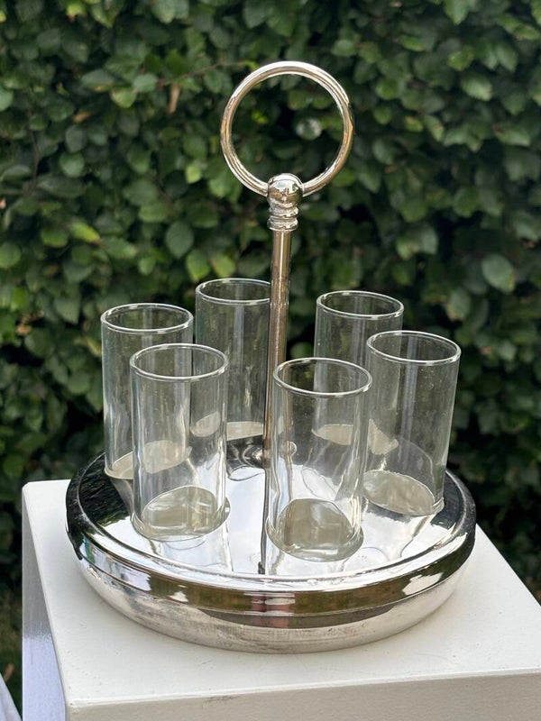Prachtige verzilverde aperitiefglazenhouder & glaasjes - Beautiful silver-plated aperitif glass holder & glasses