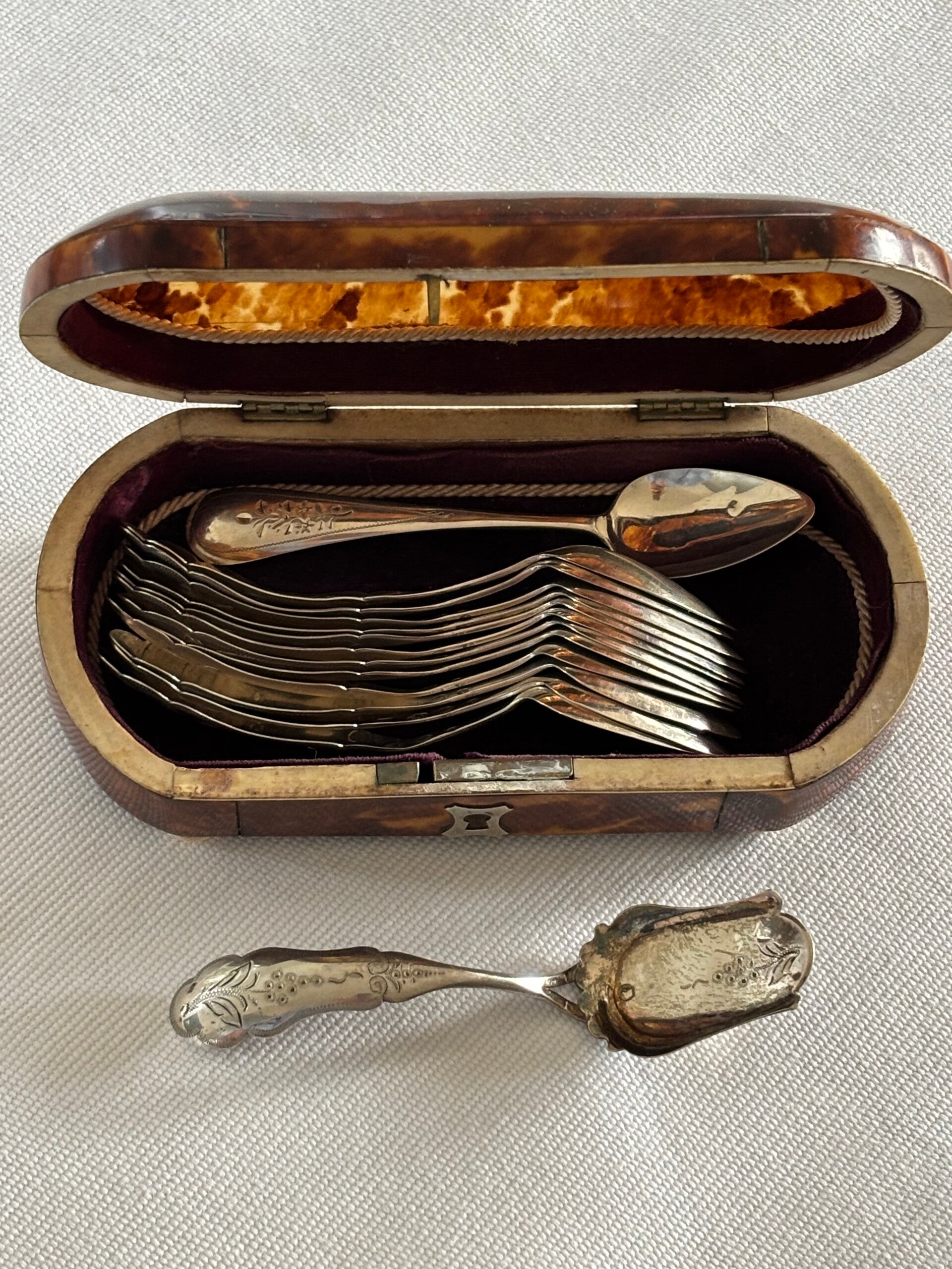 Zeldzaam ovaal schildpad lepeldoosje met 13 zilveren theelepels & 1 theeschep (Jaarletter 1878) - Rare oval tortoiseshell spoon case with 13 silver teaspoons & 1 tea scoop (date letter 1878)