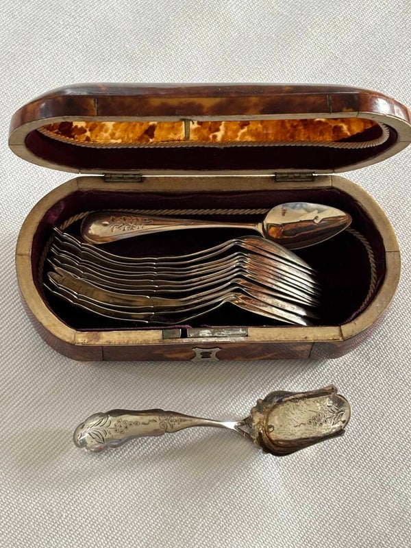 Zeldzaam ovaal schildpad lepeldoosje met 13 zilveren theelepels & 1 theeschep (Jaarletter 1878) - Rare oval tortoiseshell spoon case with 13 silver teaspoons & 1 tea scoop (date letter 1878)