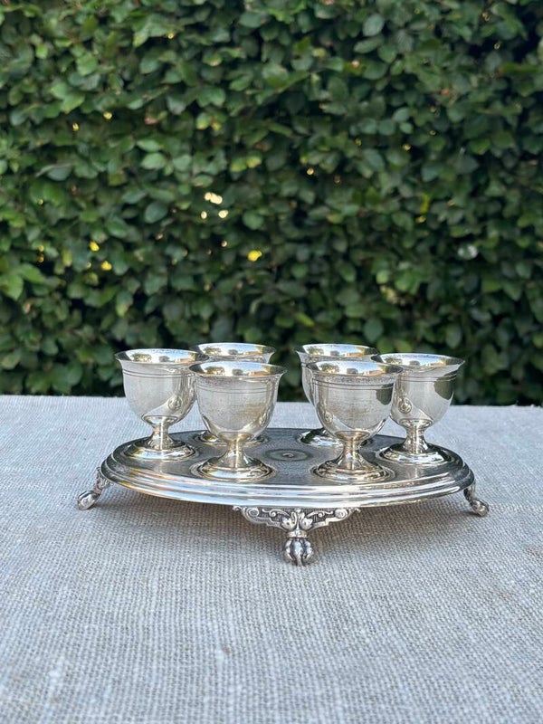 Prachtige set van 6 verzilverde eierdopjes op standaard van WMF - Beautiful set of 6 silver-plated egg cups on a stand by WMF