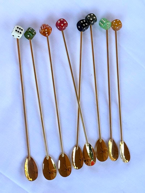 Prachtige set van 8 vergulde lange cocktaillepels - Beautiful set of 8 gilt long cocktail spoons