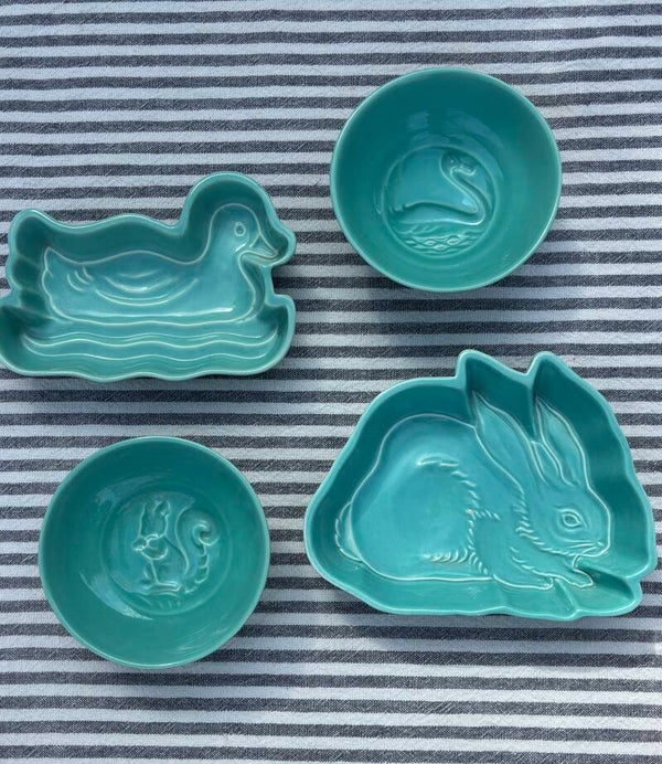 Prachtige set van 4 turquoise pudding- of botervormen Zenith Gouda - Beautiful set of 4 turquoise ceramic moulds by Plateelbakkerij Zenith Gouda