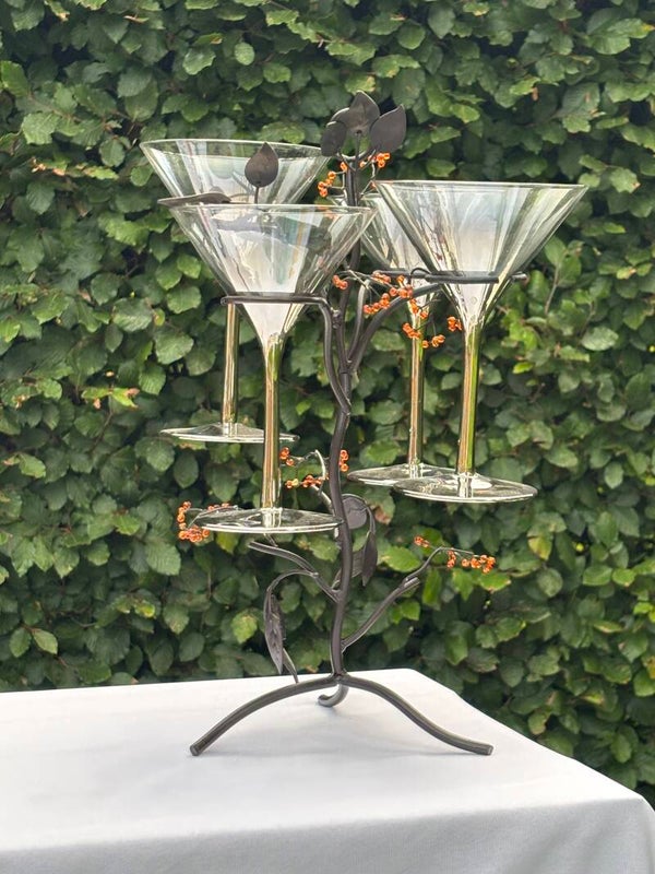 Prachtige vintage cocktailboom & 4 rookglazen cocktailglazen - Vintage cocktail tree & 4 black smoked-glass cocktail glasses