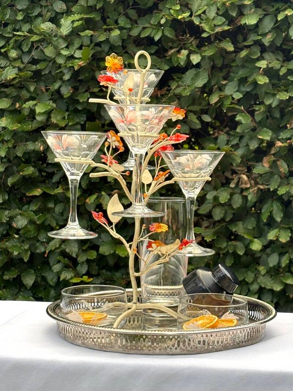 cocktailboom, compleet met 4 handbeschilderde cocktailglazen, schaaltjes & cocktailshaker - Cocktail tree, complete with 4 hand-painted cocktail glasses, 2 dishes & cocktail shaker