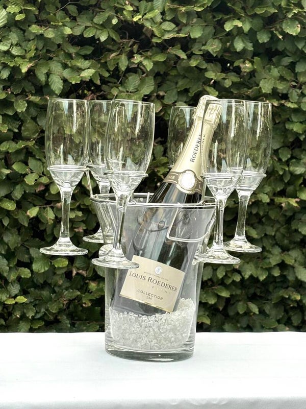 Champagnekoeler met bijpassende glazenhouder & 6 flûtes - Glass Champagne cooler with matching glass holder & 6 flutes