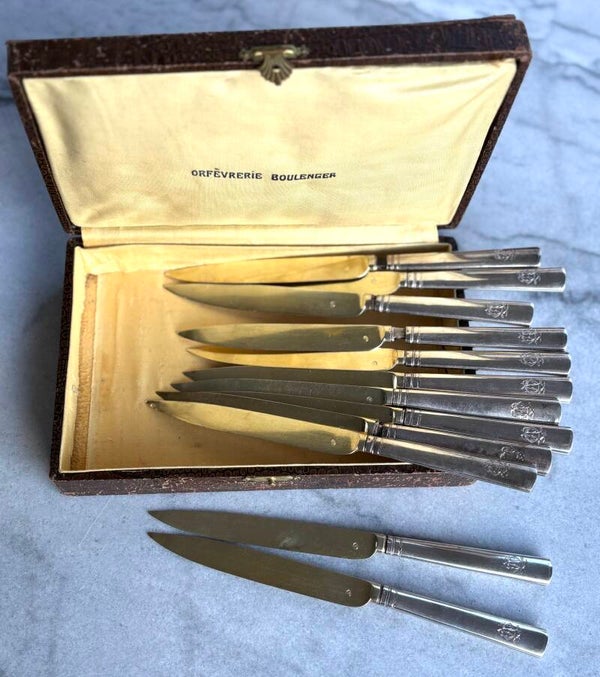 Prachtige en zeldzame set van 12 antieke verzilverde en vergulde messen- Beautiful and rare set of 12 antique silver-plated and gilded knives