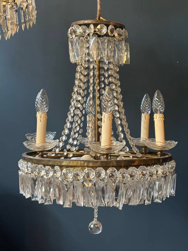 Grote Franse antieke kristallen kroonluchter - Large antique French crystal chandelier with six candle-style lights