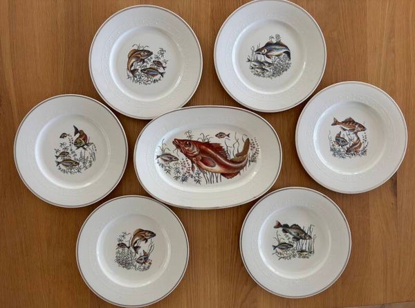 6 porseleinen visborden & serveerschaal La St Marco - 6 Porcelain fish plates & serving platter by La St Marco