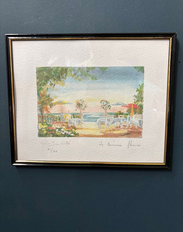 Gesigneerde lithografie “La Terrasse Fleurie” Pierre-Jean Llado - Signed lithograph “La Terrasse Fleurie” by Pierre-Jean Llado