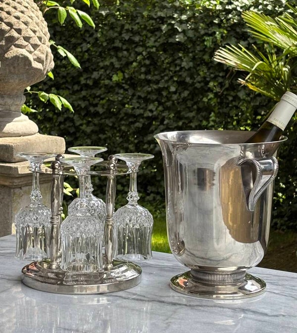 Verzilverd glazenrek/fleshouder & 4 kristallen wijnglazen Longchamp - Silver-plated glass rack/bottle holder & 4 Longchamp crystal wine glasses