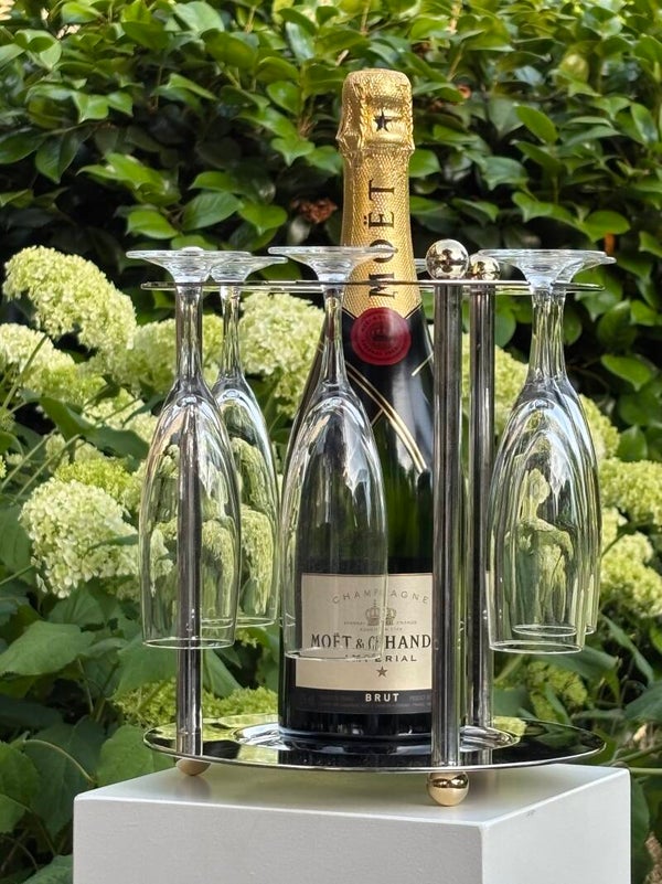 Verzilverde flessenhouder & 6 Champagneflûtes Luminarc - Silver-plated bottleholder & 6 Champagne flutes by Luminarc France