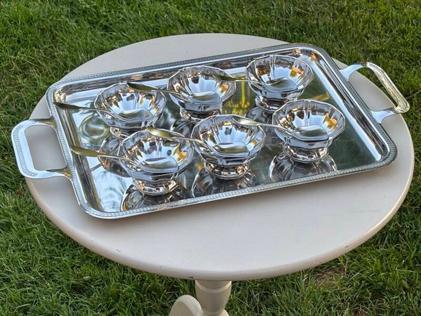 Elegant dienblad met 6 dessertcoupes & lepeltjes - Elegant serving tray with 6 dessert bowls & spoons