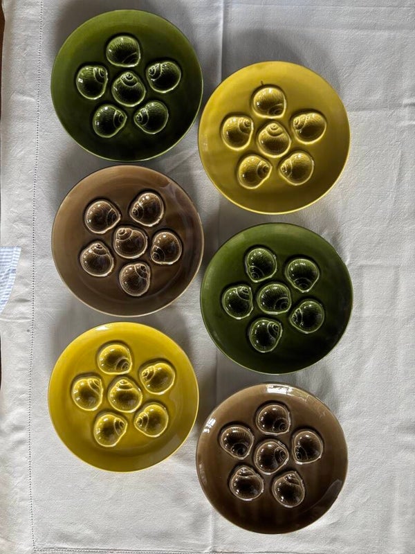 6 Niderviller escargots-/oesterbordjes uit de 60s - 6 Niderviller escargot/oyster plates from the 1960s.