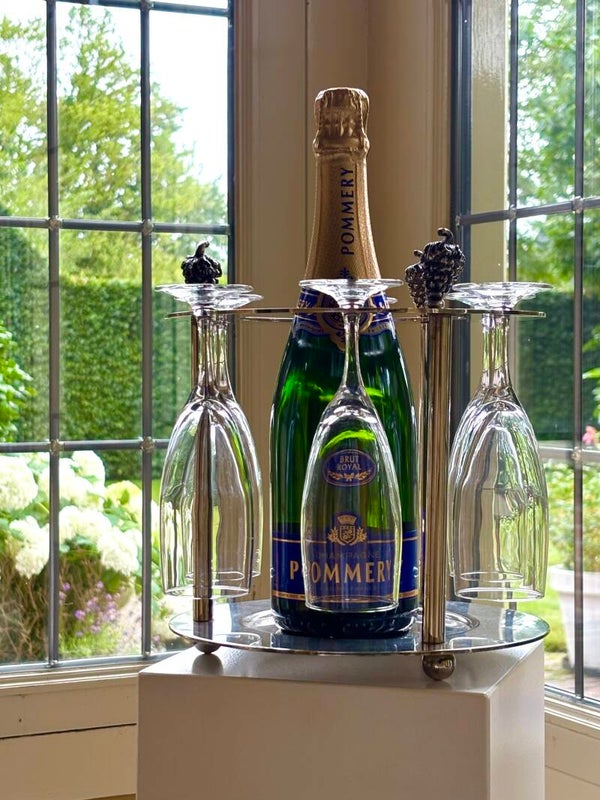 Verzilverde fleshouder & 6 Champagne flûtes - Silver-plated glass bottle holder & 6 Champagne flûtes