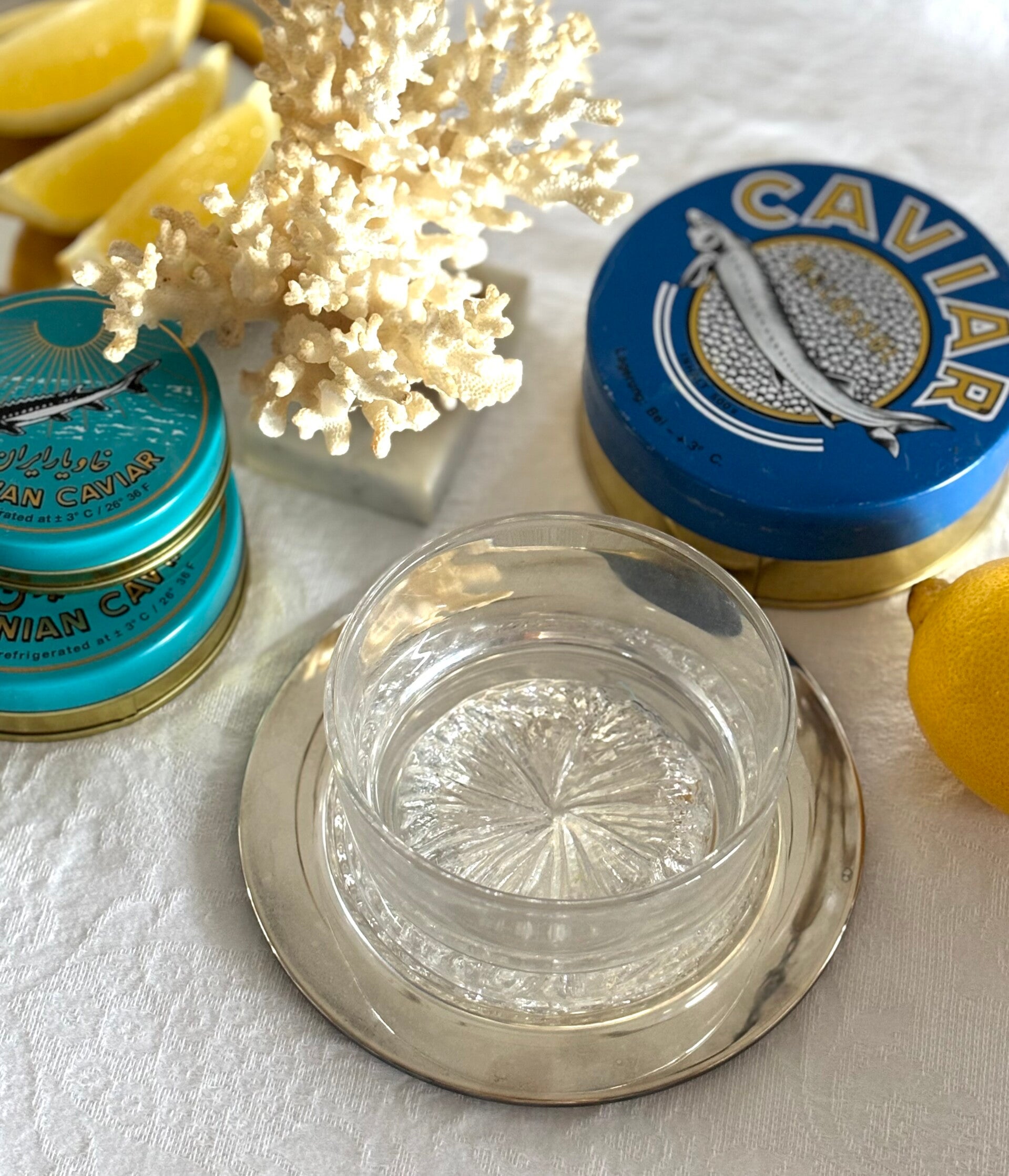 Kaviaarschaal met verzilverd onderbordje - Caviar server with matching silver-plated underplate