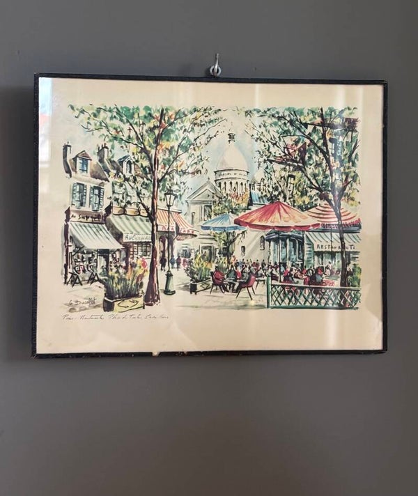 Lithografie van de sfeervolle Place du Tertre in Montmartre - Lithograph depicting the charming Place du Tertre in Montmartre