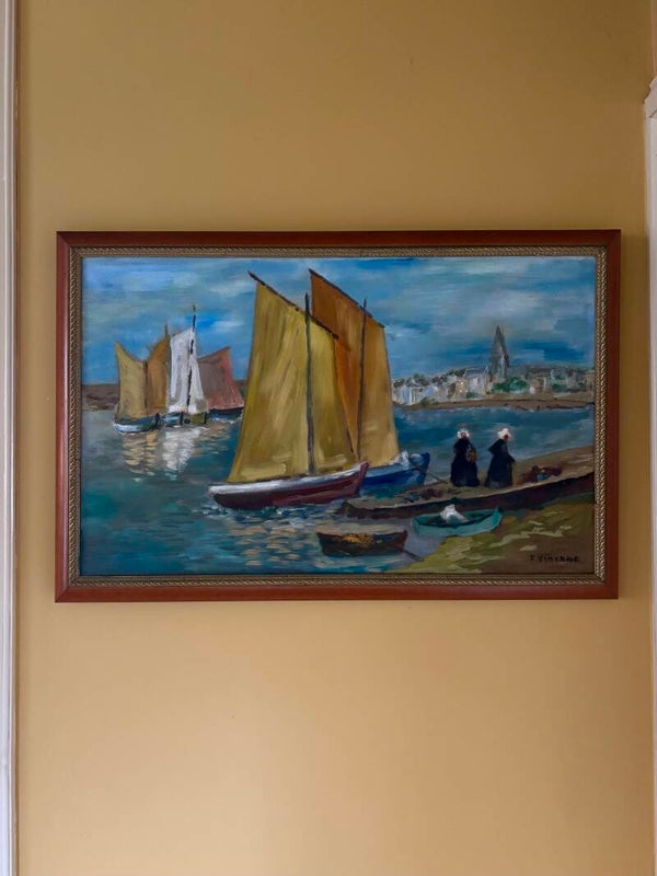 Frans olieverfschilderij met sfeervol uitzicht op de Bretonse haven - Frans olieverfschilderij met sfeervol uitzicht op de Bretonse haven