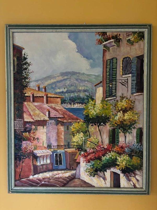 Olieverfschilderij met een idyllisch dorpsgezicht aan de Italiaanse Rivièra - Oil painting depicting an idyllic village scene on the Italian Riviera