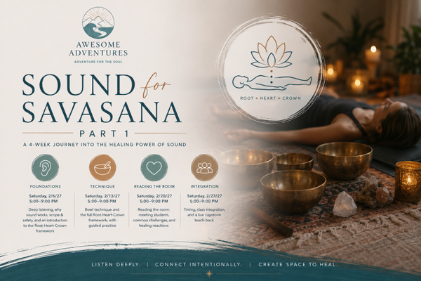 Sound for Savasana: with Carli Webb Part 1 Saturday Nights ; 2/6/27, 5:00–9:00 PM, 2/13/27, 5:00–9:00 PM , 2/20/27, 5:00–9:00 PM , 2/27/27, 5:00–9:00 PM