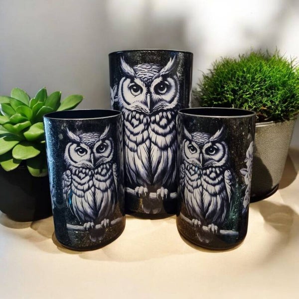 Decoupage vazen uilen zwart/wit