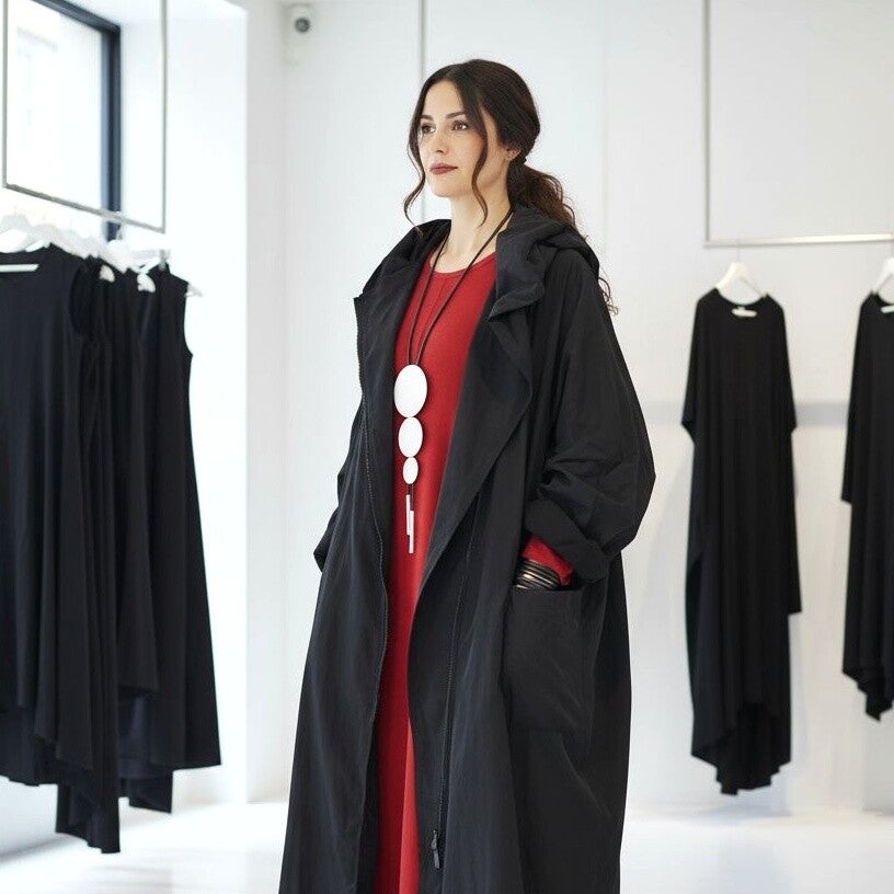 "Hopsack" Wintermantel mit warmem Fleece-Innenfutter und Kapuze in schwarz