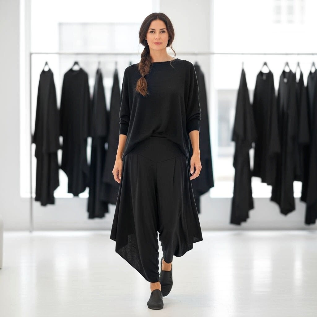 Hose mit Gummibund und seitlichen Zipfeln in schwarz