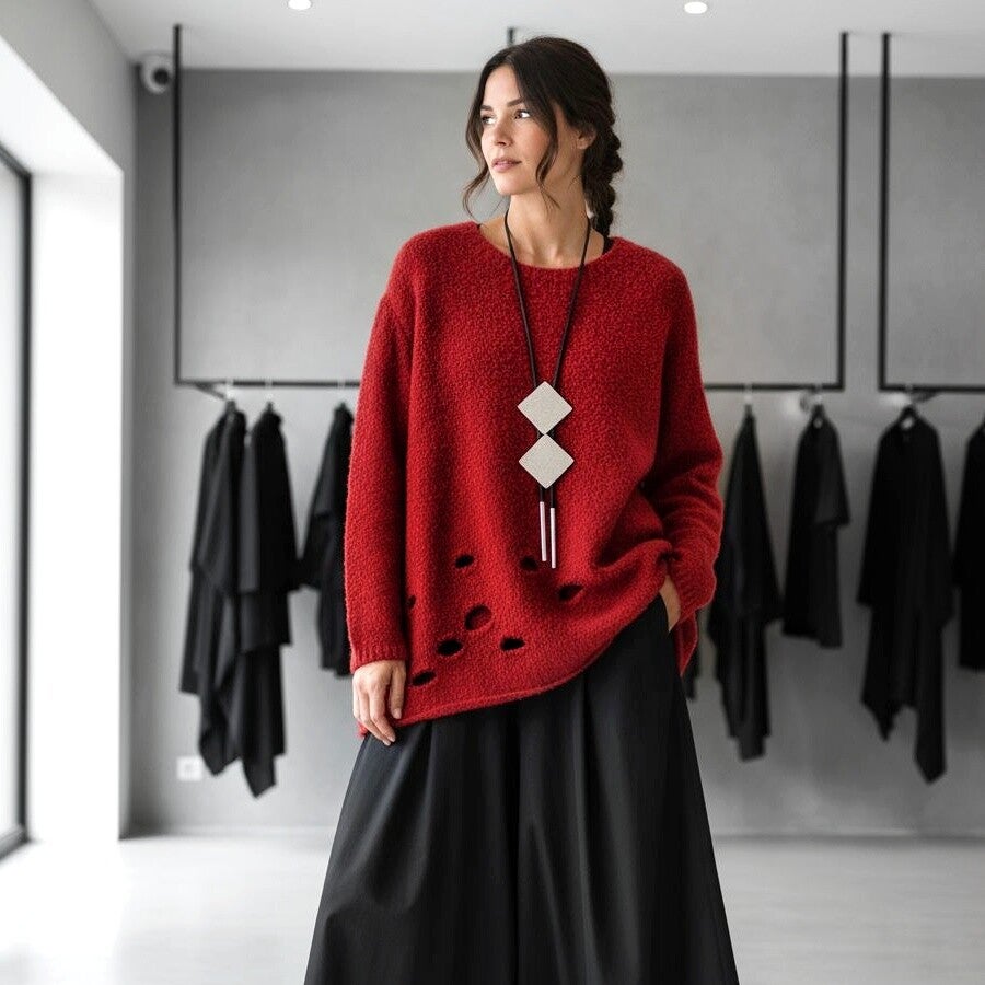 Bouclé-Strick Pulli mit Cut-outs in kaminrot