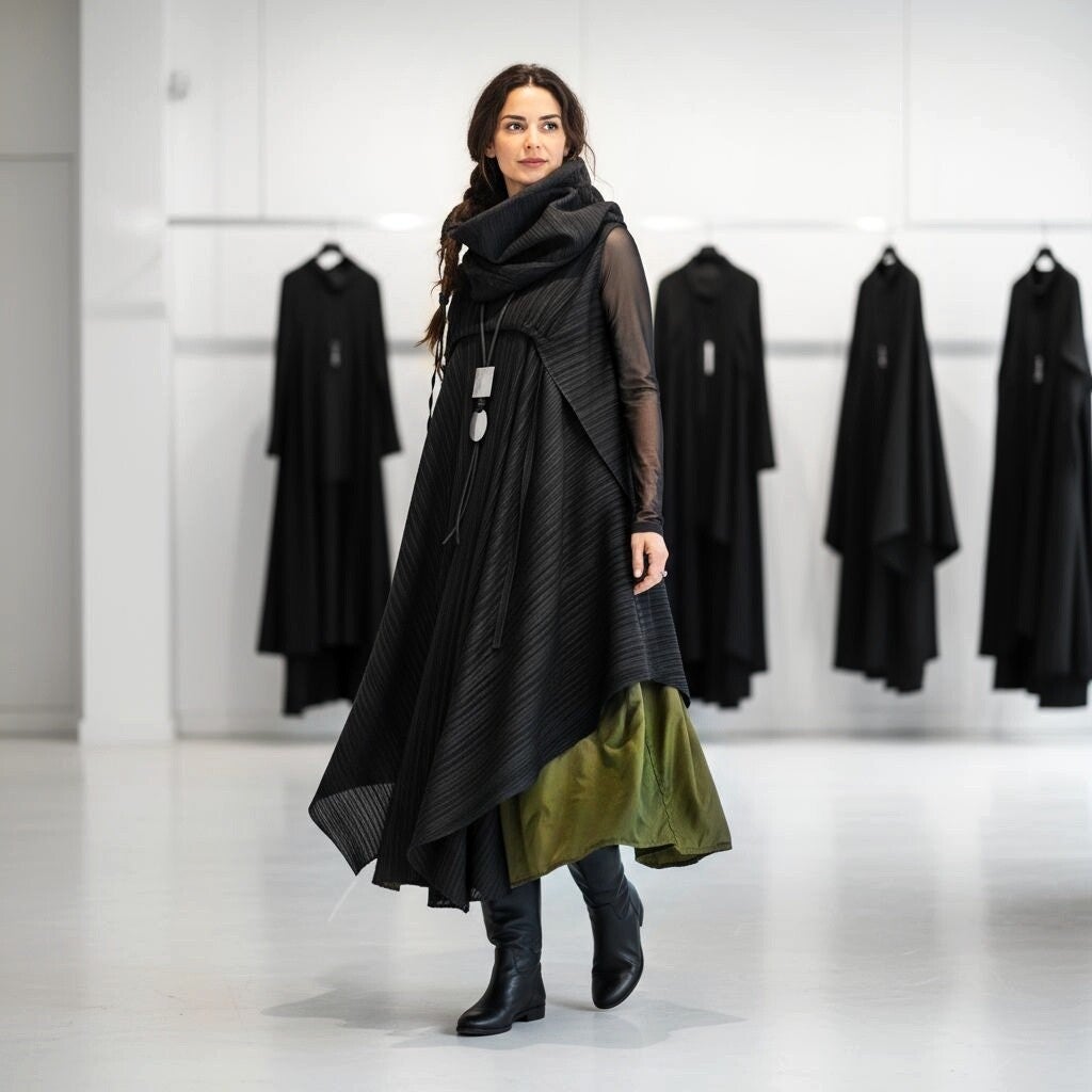 Plissee Kleid "Ishiko" in avantgardistischer Schnittführung, ärmellos in schwarz