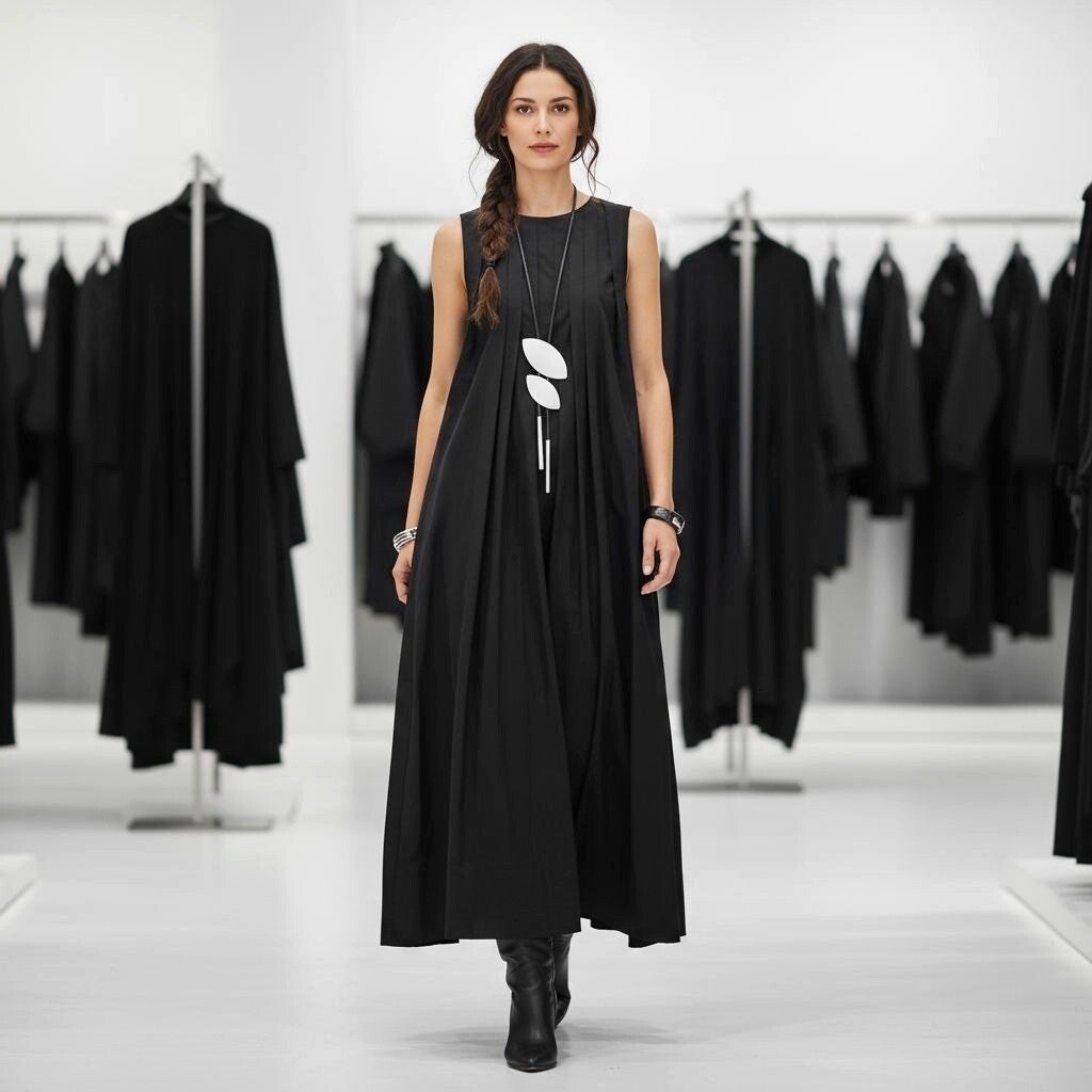 Kleid aus feiner Baumwolle in modischer A-Linie in schwarz