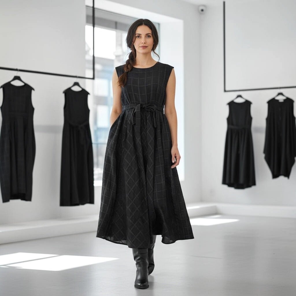 Kleid mit weitem Tellerrock in schwarz gemustert
