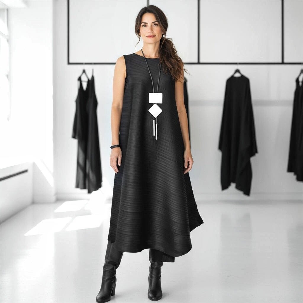 Plissee Kleid "Suzuka" in modischer A-Linie mit asymetrischem Verlauf in schwarz