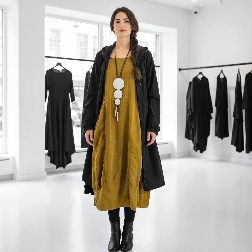 Kleid aus Feinkord in modischer Tulpenform in senf