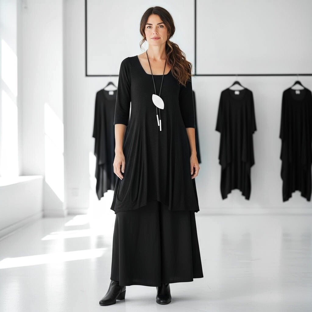 Tunika-Kleid mit viereckigem Ausschitt in schwarz