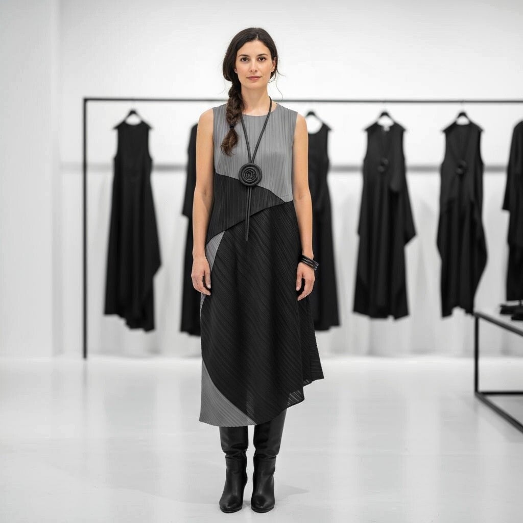 Plissee Kleid "Subaro" in modischer Tulpenform ärmellos in schwarz-grau