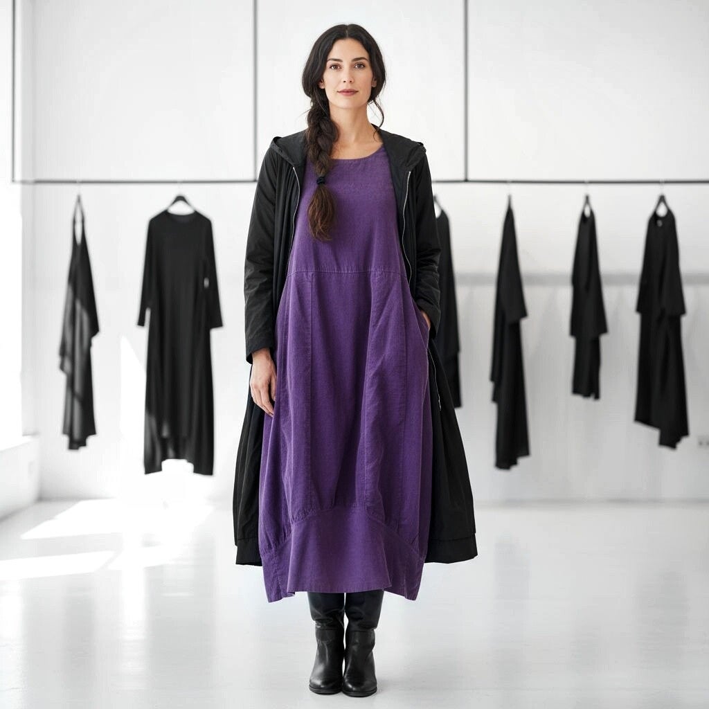 Kleid aus Feinkord in modischer Tulpenform in lila