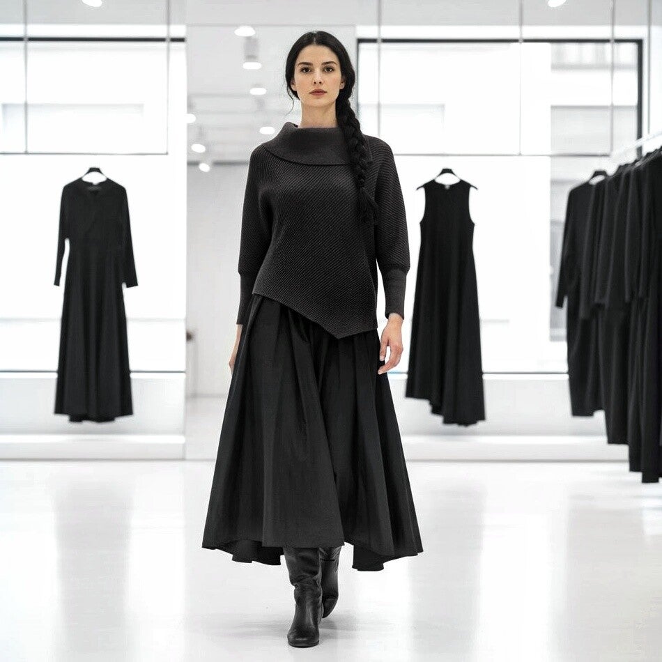 Plissee Oberteil "Nagito" mit asymetrischem Verlauf und Kragen in schwarz